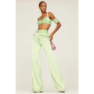 Aliette Sz 10 Green Lime Silk Satin silky Wide Leg Smocked Waist Pants Urban